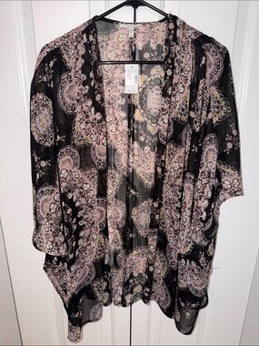 Maurices Lightweight Black & Pink Paisley Kimono Cardigan